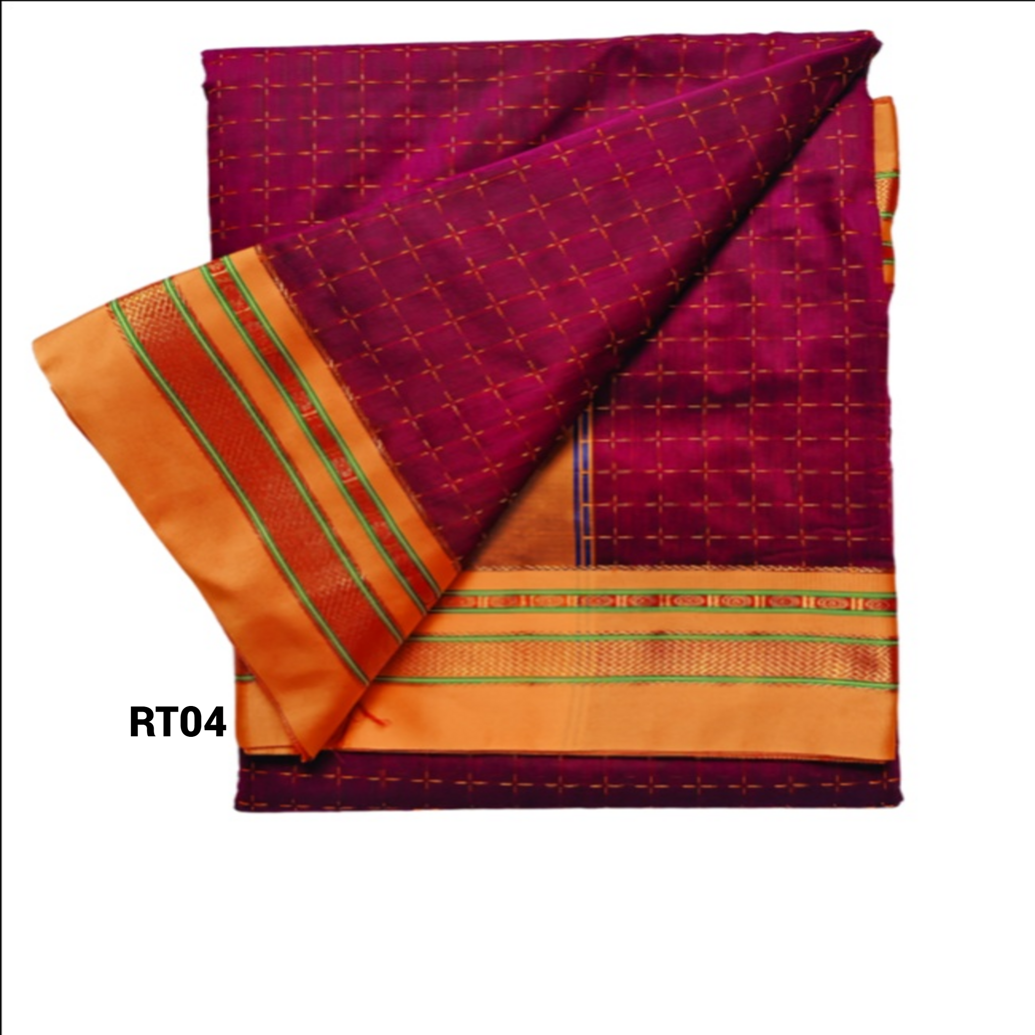 Elegant STAR Checkered Saree with Contrast Orange Zari Border WITHOUT TEMPLE – Traditional Festive Wear