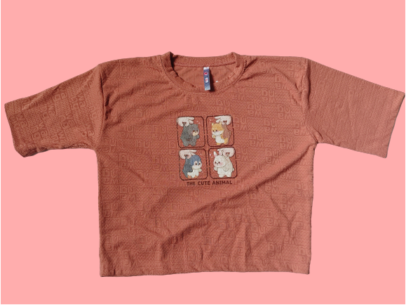 Crop Top Olive Green Cartoon Print T-Shirt | Cute Animal Graphic Round Neck.