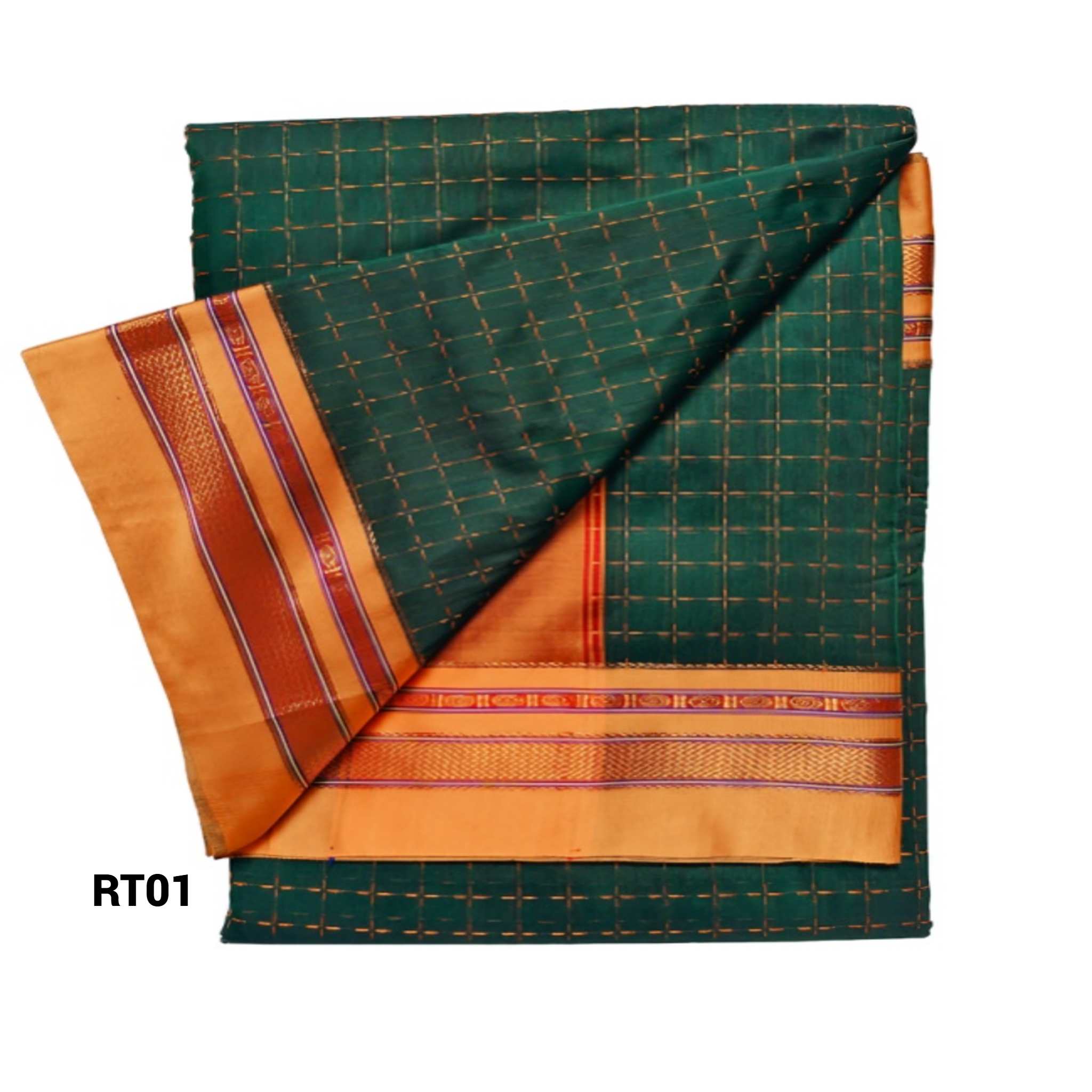 Elegant STAR Checkered Saree with Contrast Orange Zari Border WITHOUT TEMPLE – Traditional Festive Wear