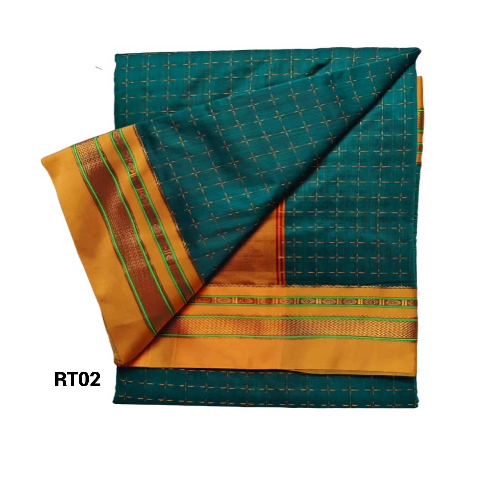 Elegant STAR Checkered Saree with Contrast Orange Zari Border WITHOUT TEMPLE – Traditional Festive Wear