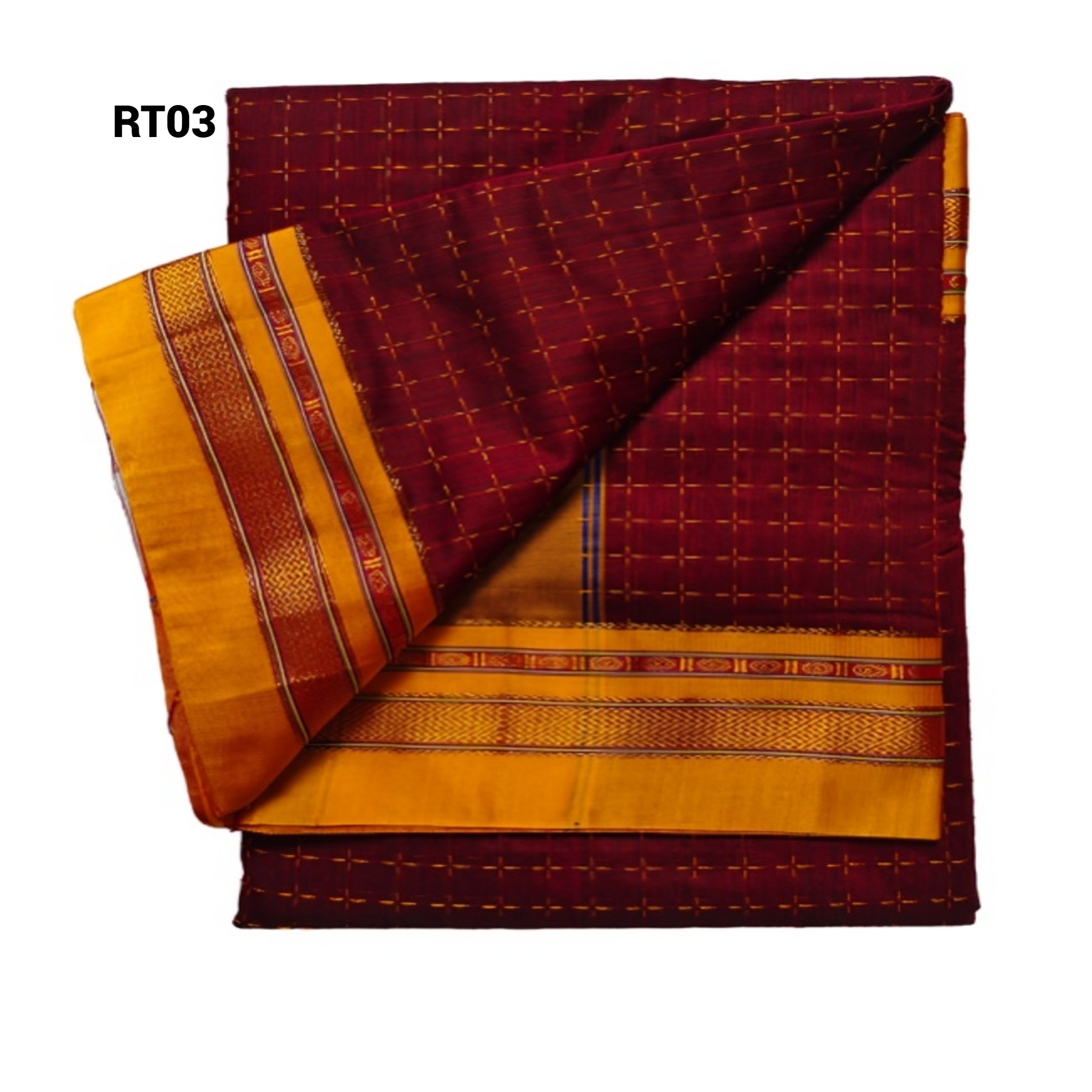 Elegant STAR Checkered Saree with Contrast Orange Zari Border WITHOUT TEMPLE – Traditional Festive Wear