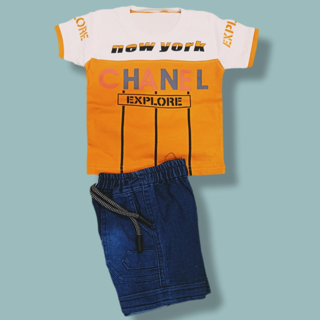Trendy Kids Casual Outfit – Printed T-Shirt & Denim Shorts Set