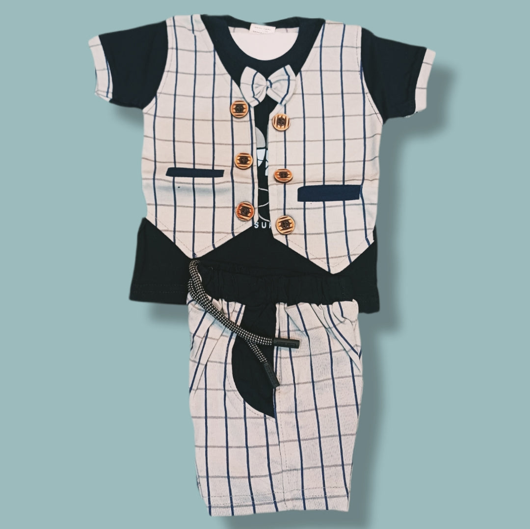 Trendy Kids Party Wear Set – Printed T-Shirt, Waistcoat & Pants Outfit
