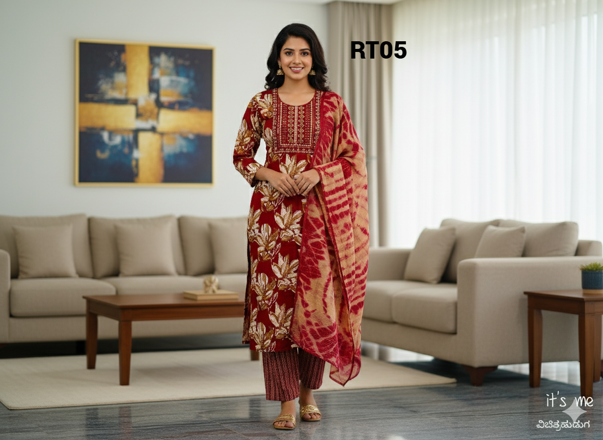 Elegant multicolour Embroidered Salwar Suit with Floral Dupatta