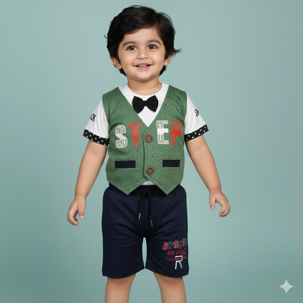 Trendy Kids Party Wear Set – Printed T-Shirt, Waistcoat & Pants Outfit