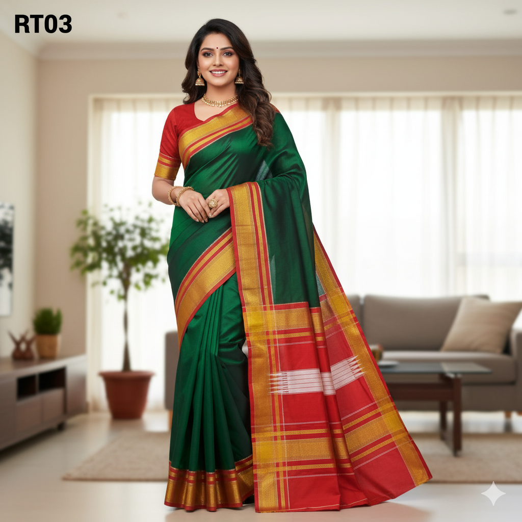 Chikki Paras Traditional South Indian Cotton Saree with Rich Contrast Border