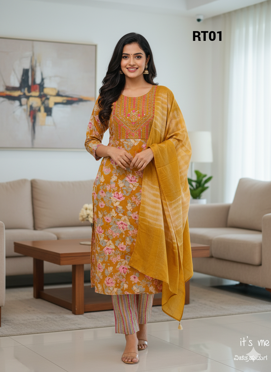 Elegant multicolour Embroidered Salwar Suit with Floral Dupatta