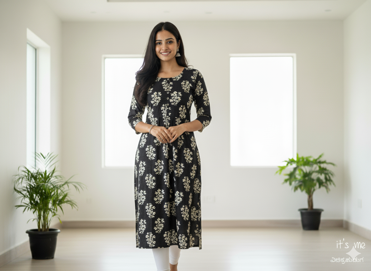 Teal Leaf Printed A-Line Kurta ( Top Only)