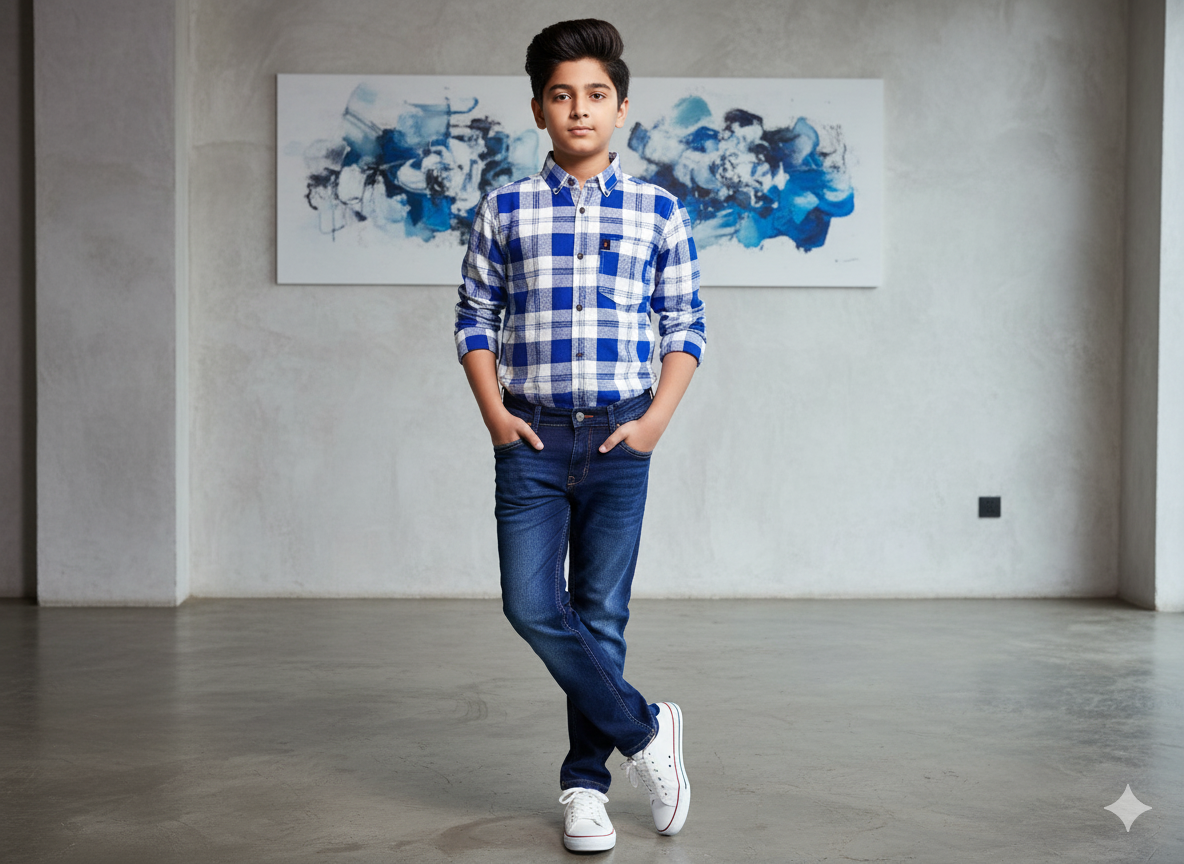 Boys Stylish Blue CHEKS Shirt & Denim Jeans Set