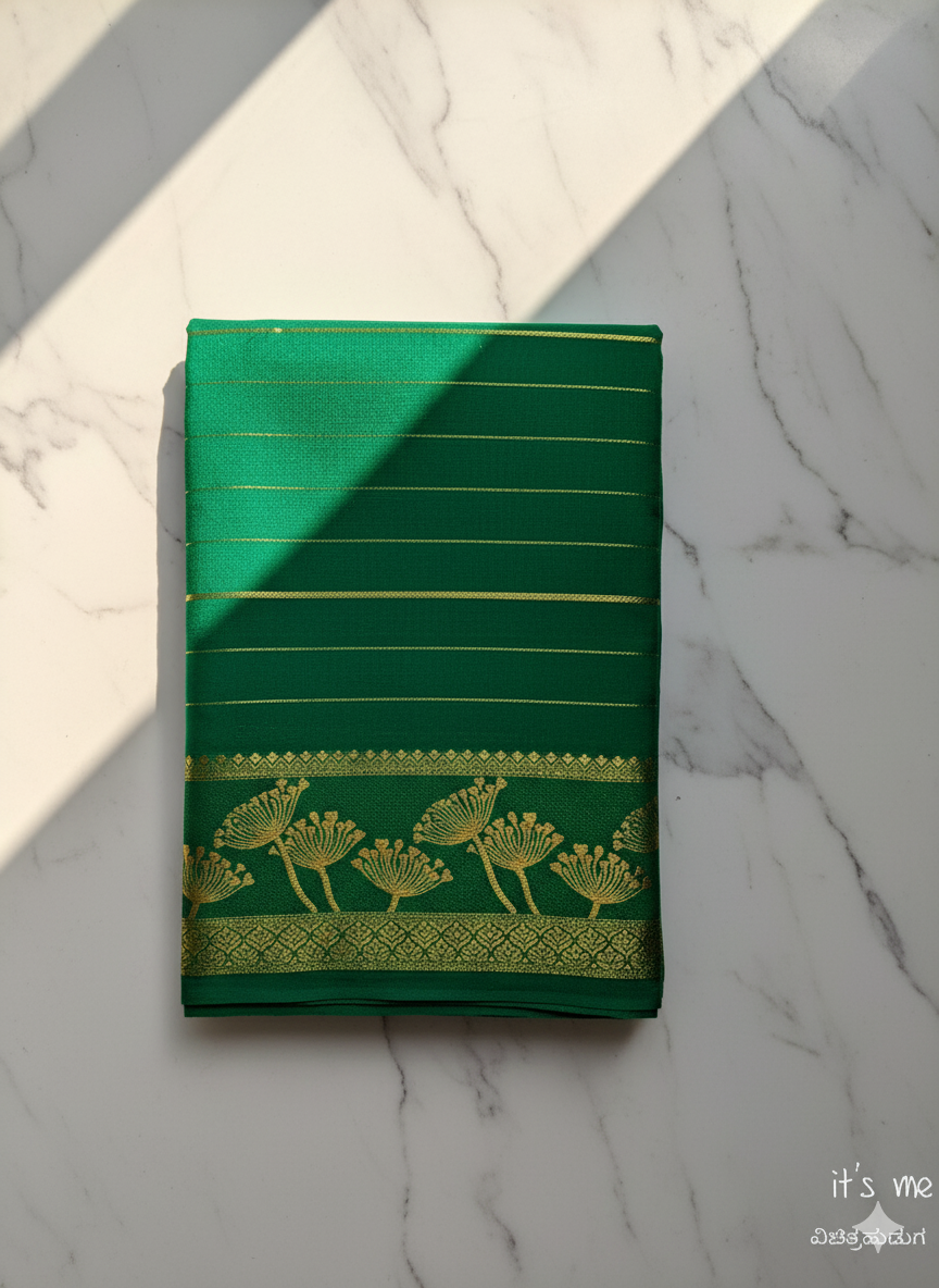 Mysore Crape Saree With Zari  Line, Golden Floral Zari Border (Dual Blouse)