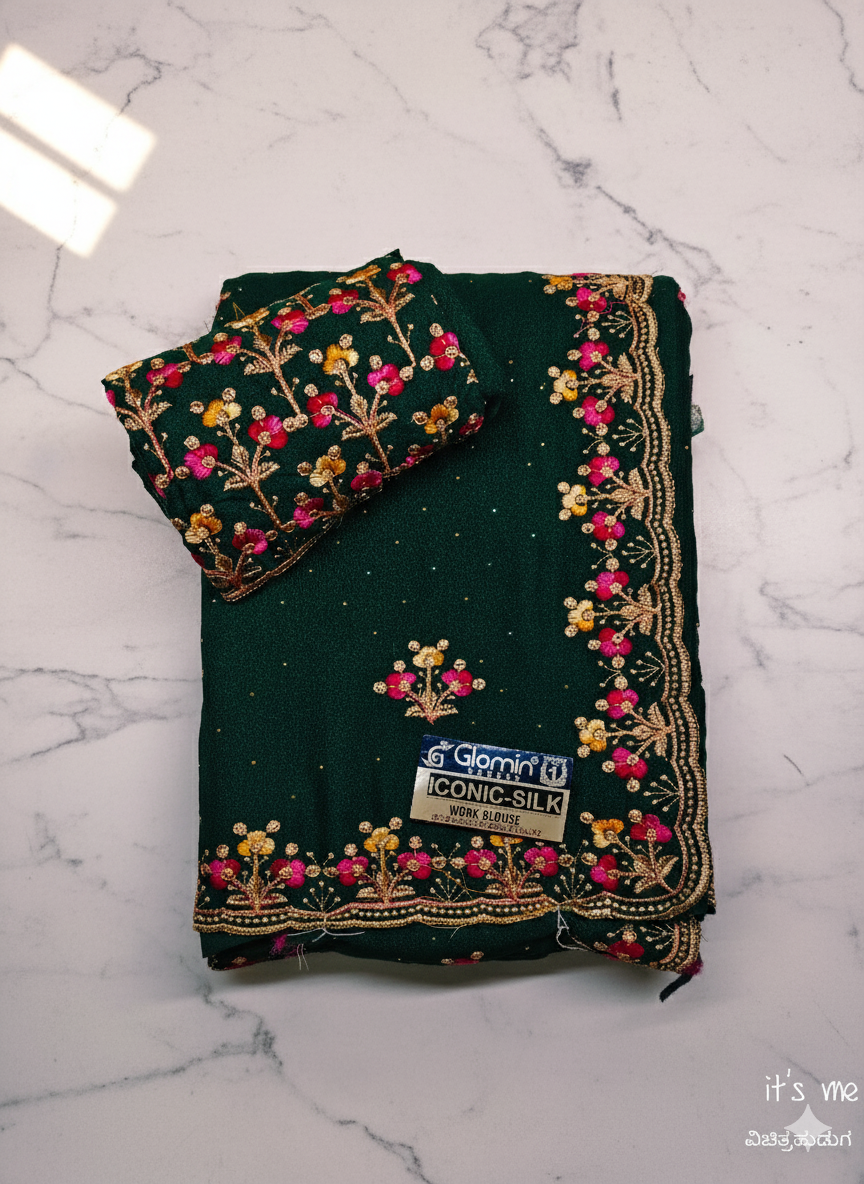 Georgette Floral Embroidery Border & Blouse Piece (Multi-Color)