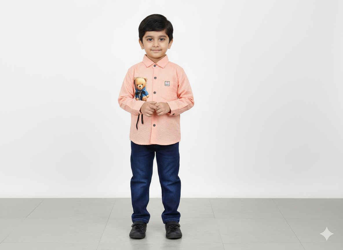 Boys Casual Shirt & Jeans Set – Pink Teddy Print Shirt with Blue Denim