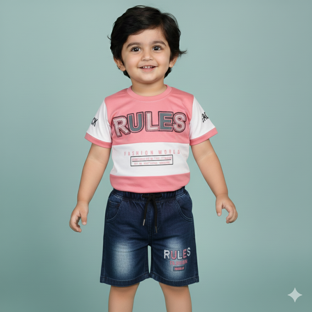 Trendy Kids Casual Outfit – Printed T-Shirt & Denim Shorts Set