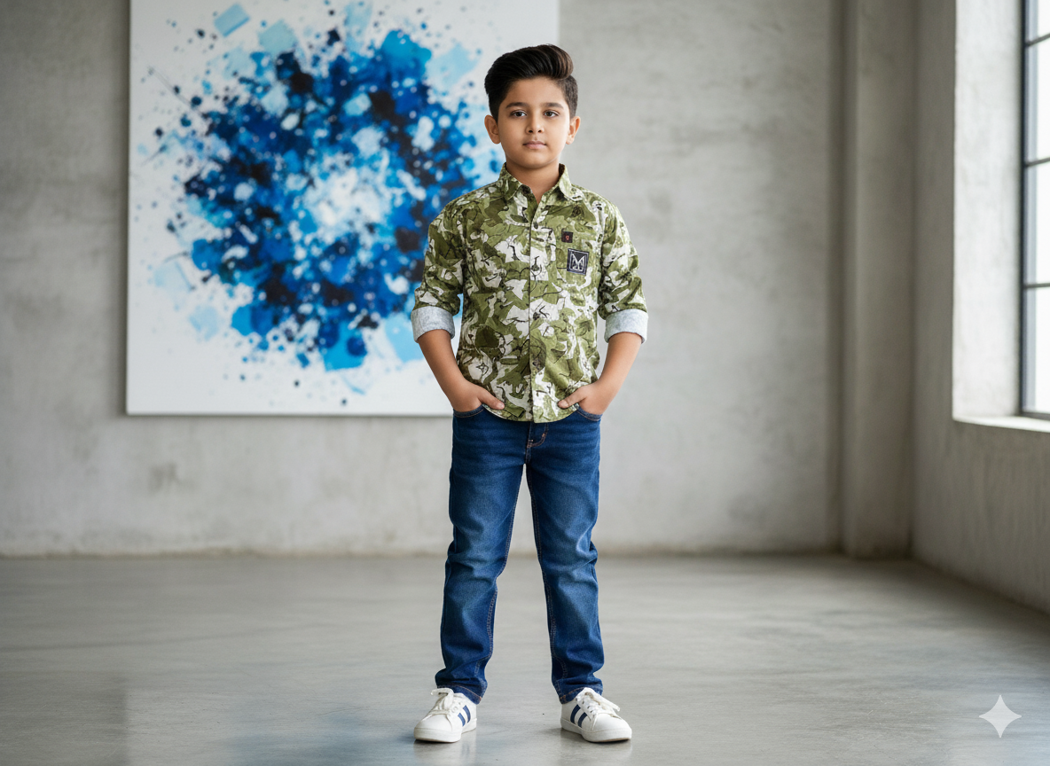 Boys Stylish Printed Shirt & Denim Jeans Pant Set