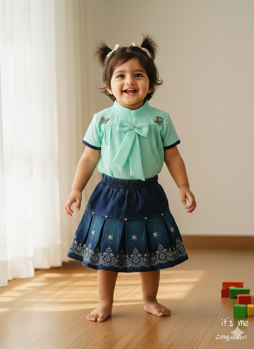 Girls' Top and Denim Skirt Set with Embellishments