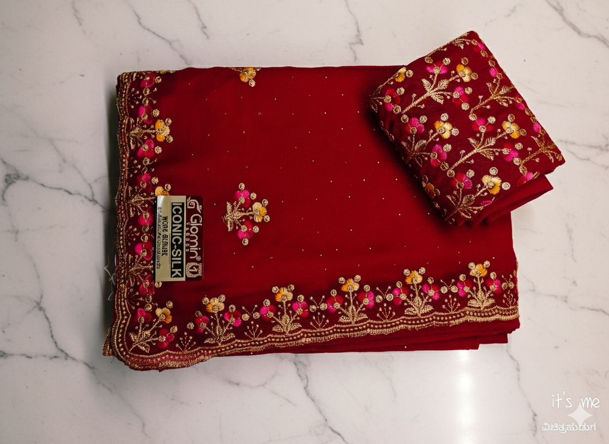 Georgette Floral Embroidery Border & Blouse Piece (Multi-Color)