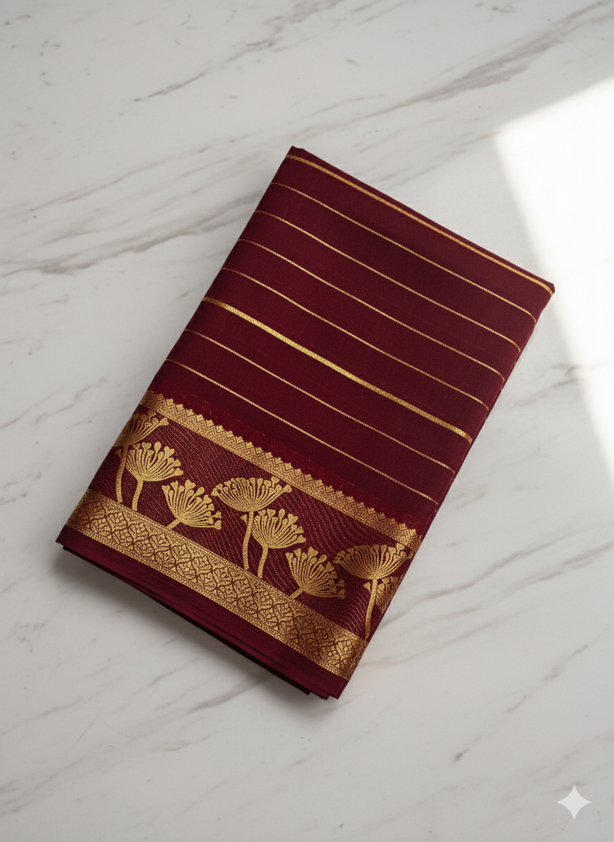 Mysore Crape Saree With Zari  Line, Golden Floral Zari Border (Dual Blouse)