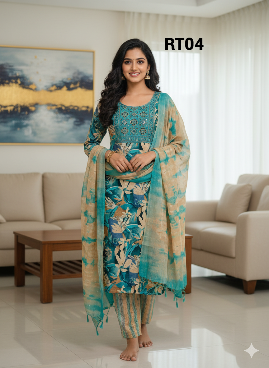 Elegant multicolour Embroidered Salwar Suit with Floral Dupatta