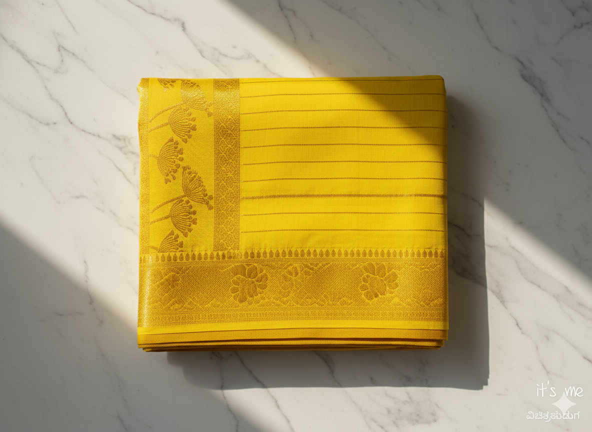 Mysore Crape Saree With Zari  Line, Golden Floral Zari Border (Dual Blouse)