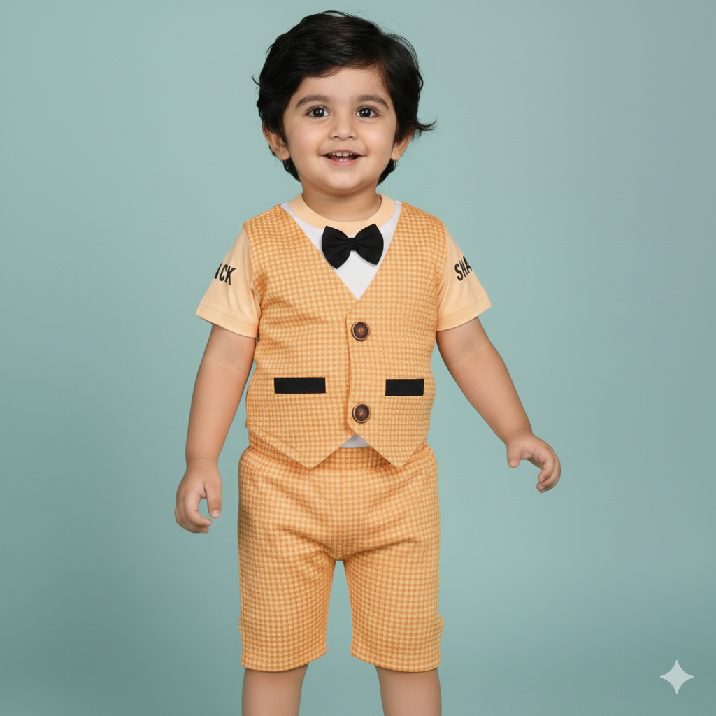 Trendy Kids Party Wear Set – Printed T-Shirt, Waistcoat & Pants Outfit