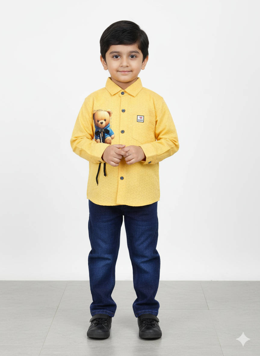 Boys Casual Shirt & Jeans Set – Pink Teddy Print Shirt with Blue Denim