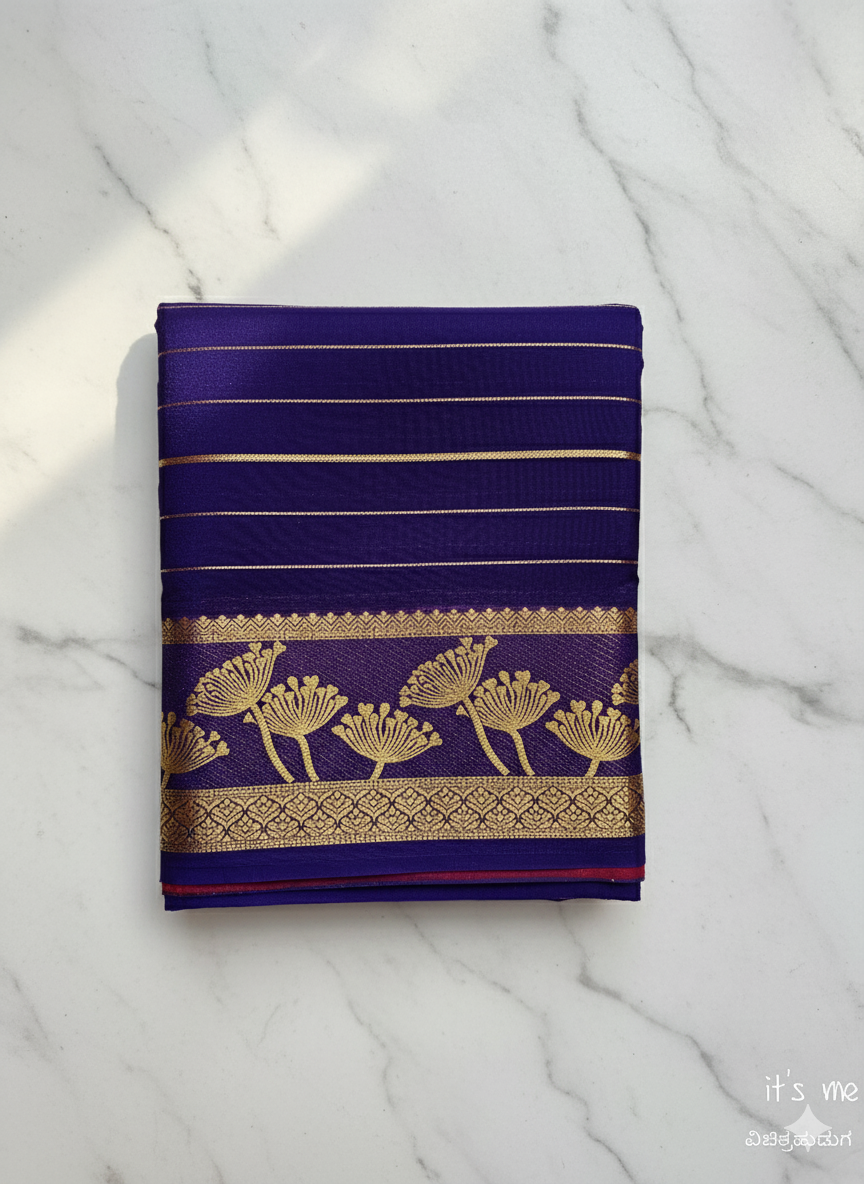 Mysore Crape Saree With Zari  Line, Golden Floral Zari Border (Dual Blouse)