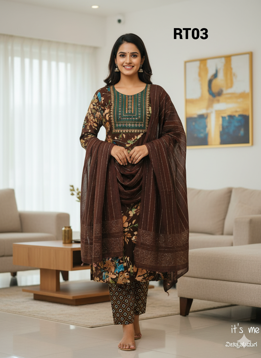 Elegant multicolour Embroidered Salwar Suit with Floral Dupatta