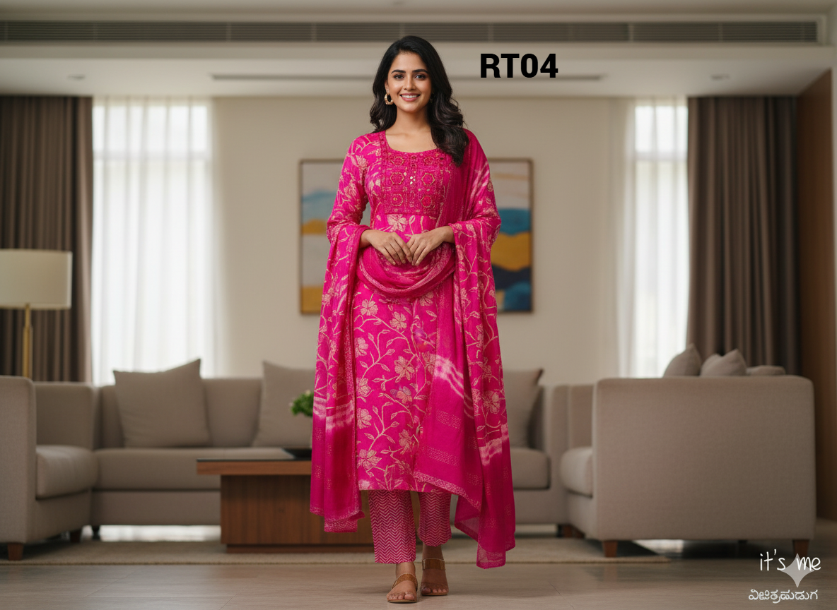 Elegant multicolour Embroidered Salwar Suit with Floral Dupatta