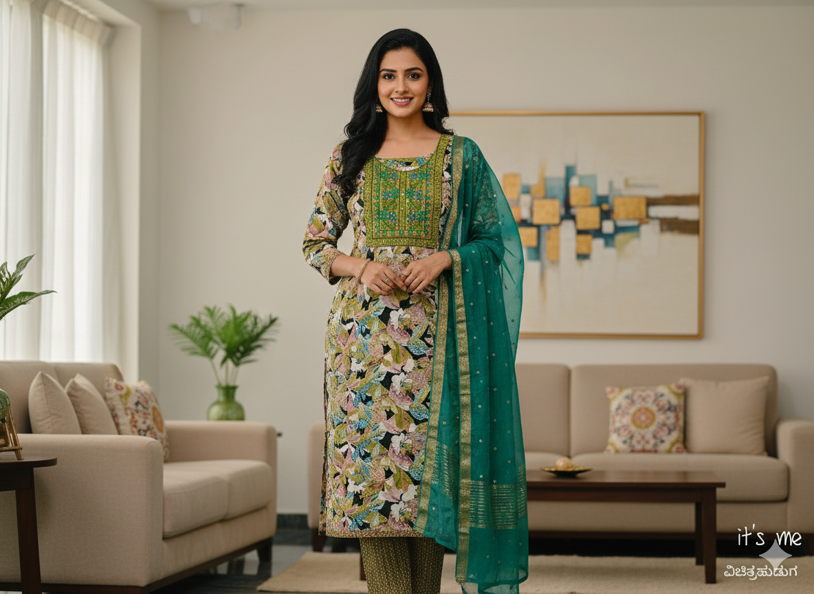 Elegant multicolour Embroidered Salwar Suit with Floral Dupatta