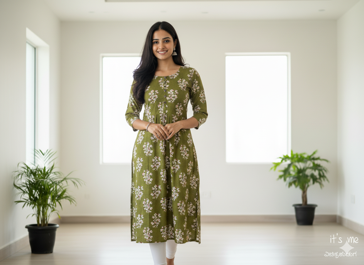 Teal Leaf Printed A-Line Kurta ( Top Only)