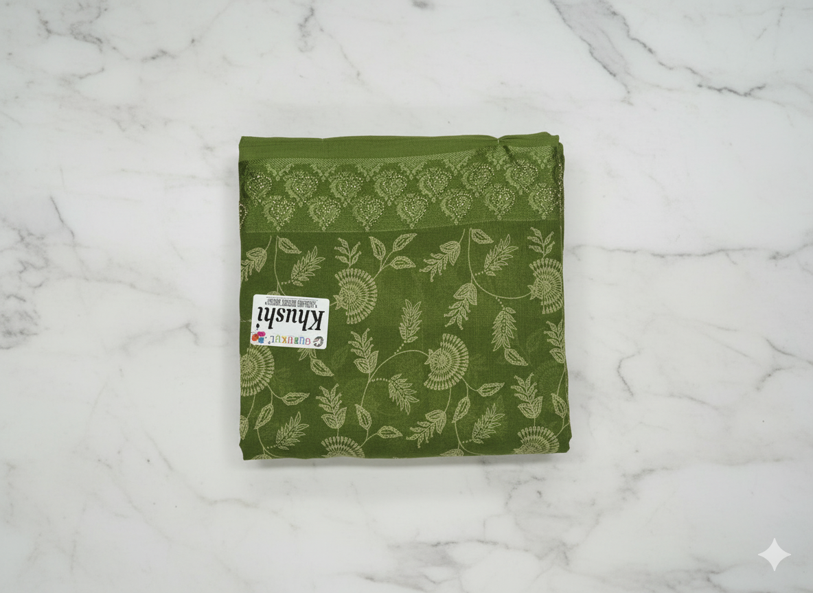 Elegant Green Printed Cotton Saree with Leaf Motif Design