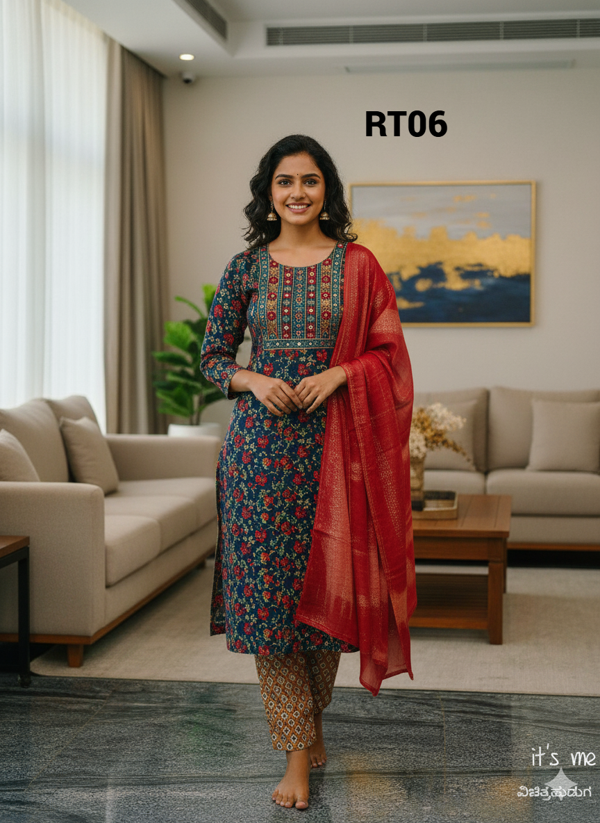 Elegant multicolour Embroidered Salwar Suit with Floral Dupatta