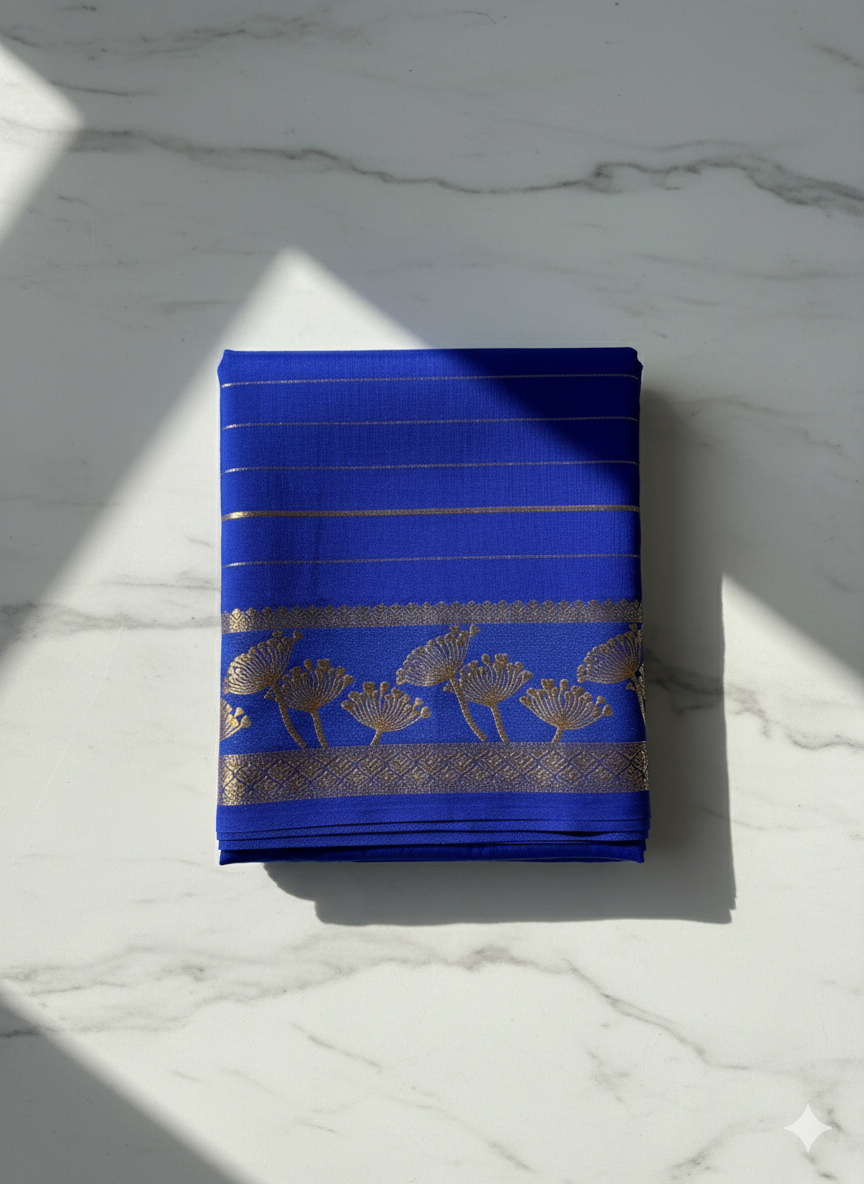 Mysore Crape Saree With Zari  Line, Golden Floral Zari Border (Dual Blouse)