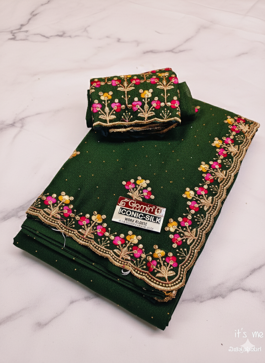 Georgette Floral Embroidery Border & Blouse Piece (Multi-Color)