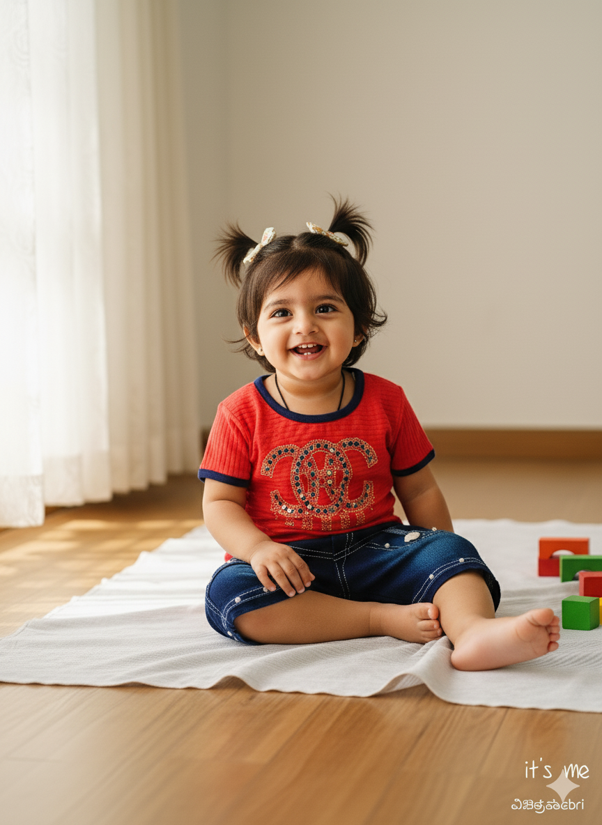 Girls' Turquoise Top and Bell-Bottom Denim Pants Set