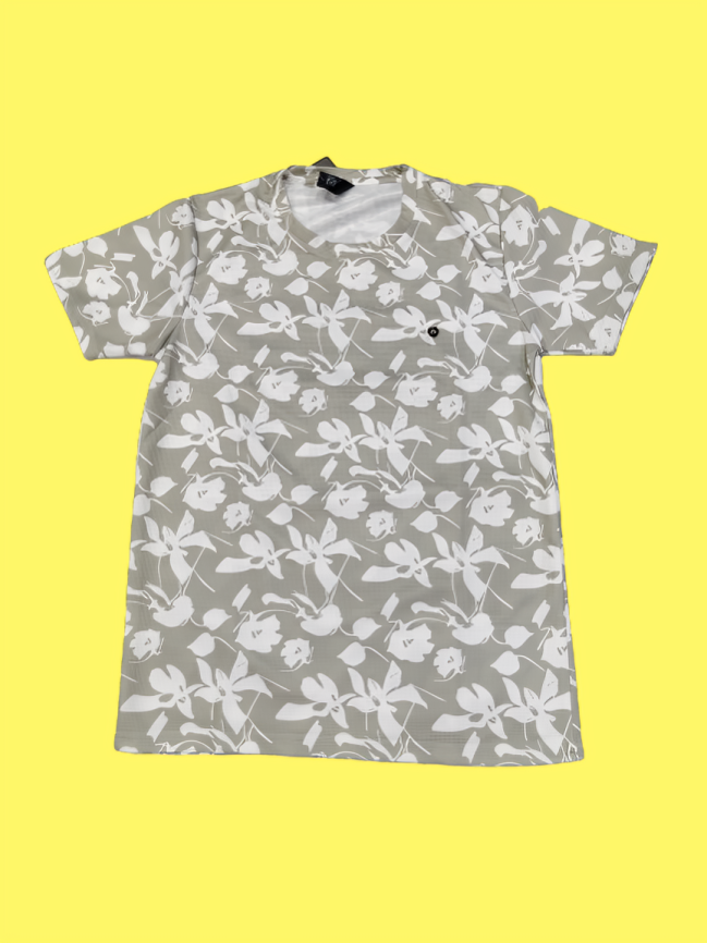 Men’s Casual Grey Floral Printed T-Shirt – Round Neck, Half Sleeves