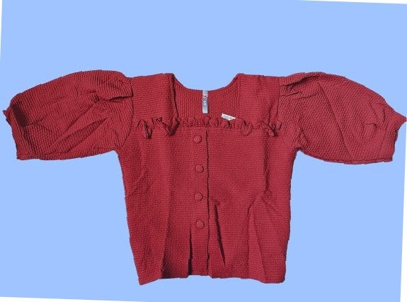 Women’s Solid Cotton Top | Stylish Front Button Crop Top with Puff Sleeves