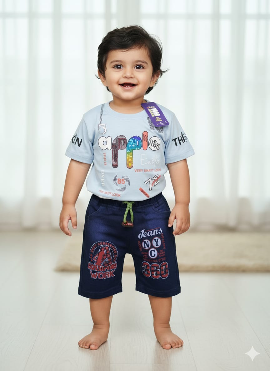 Boys Casual Printed Shirt & JEANS Shorts Set