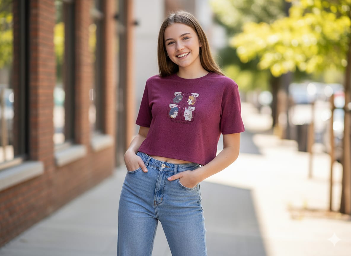 Crop Top Olive Green Cartoon Print T-Shirt | Cute Animal Graphic Round Neck.