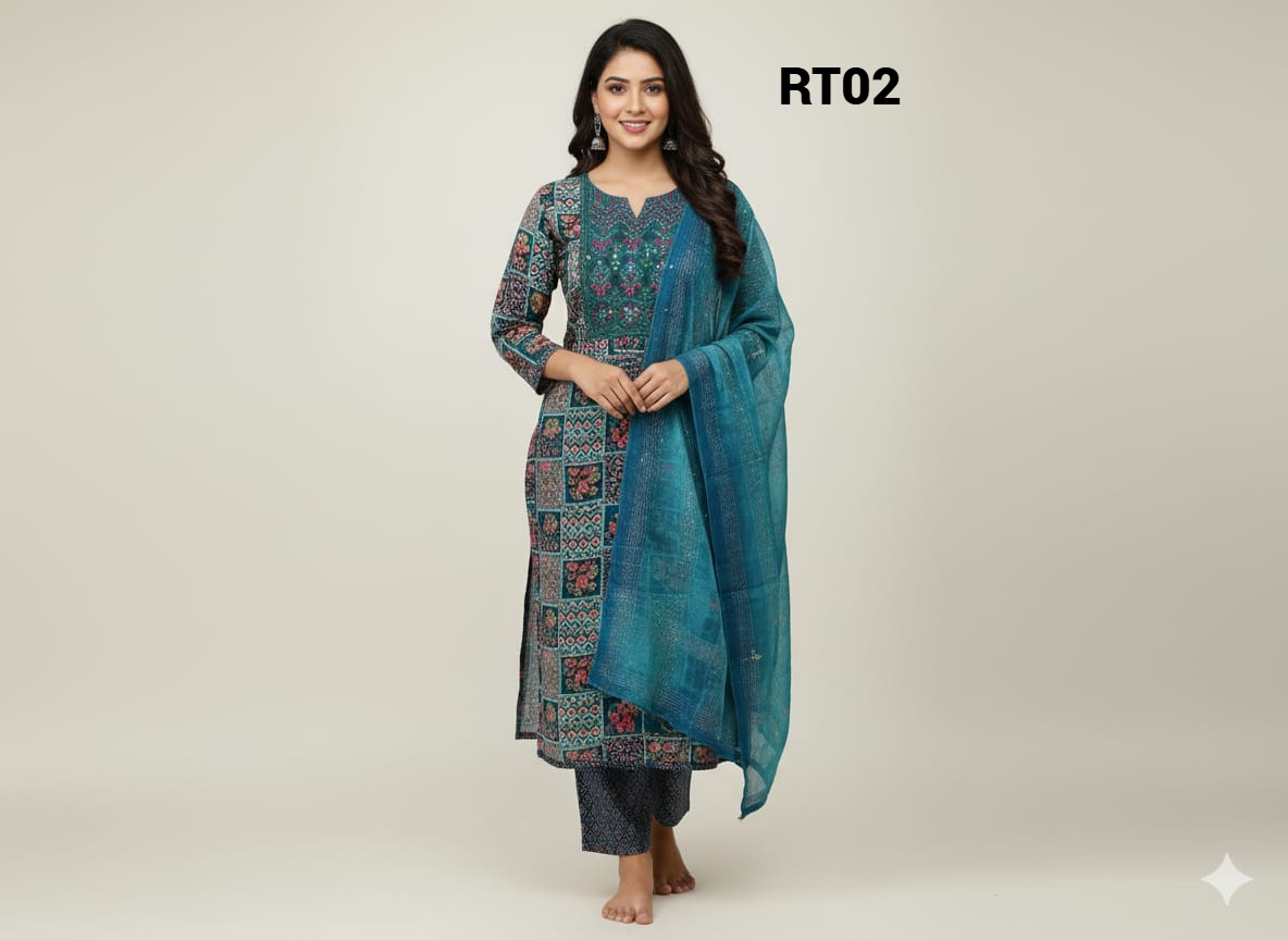 Elegant multicolour Embroidered Salwar Suit with Floral Dupatta