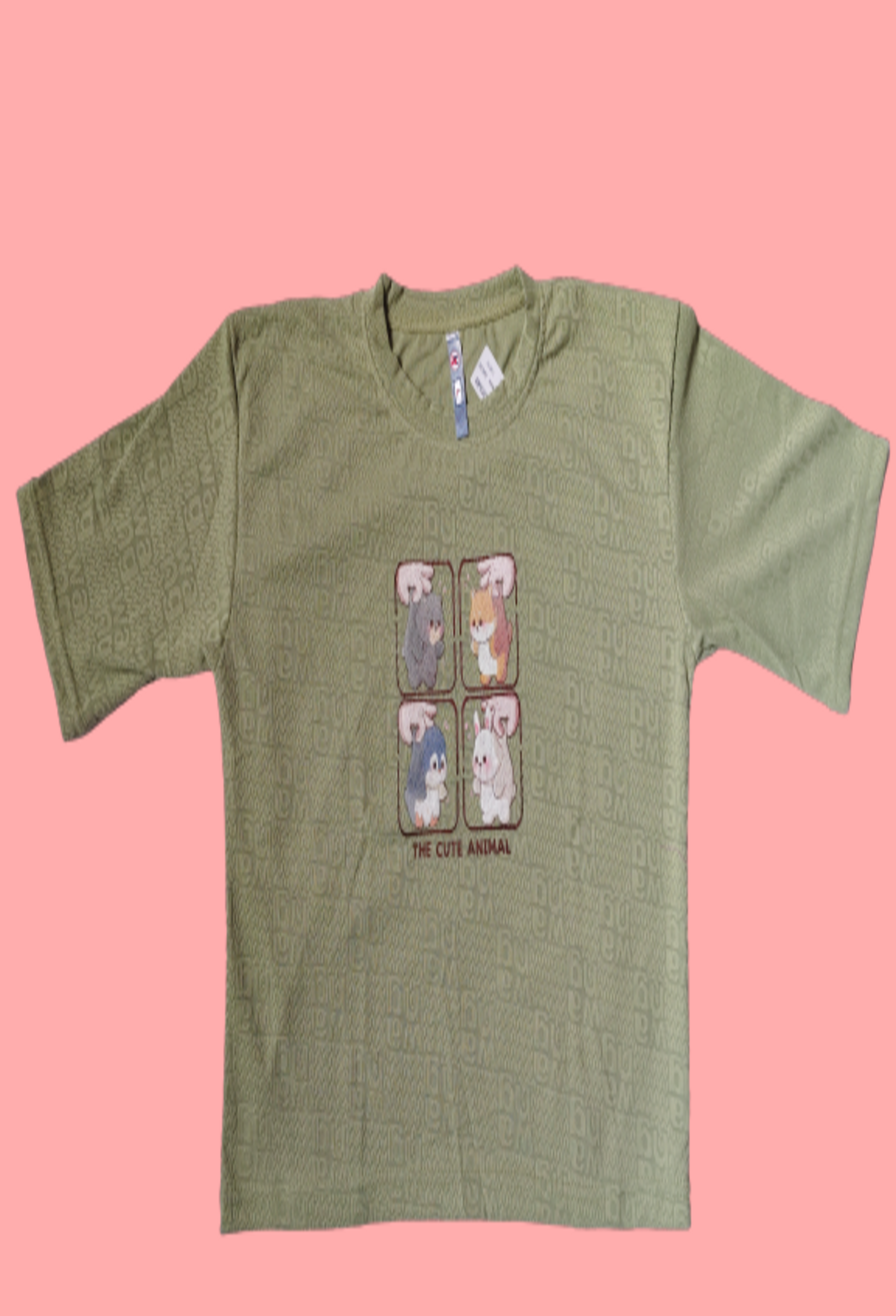 Crop Top Olive Green Cartoon Print T-Shirt | Cute Animal Graphic Round Neck.