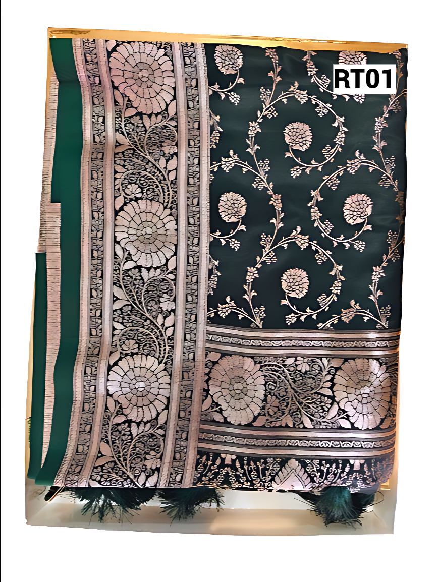 Elegant Teal Saree with Golden Floral Zari Work
