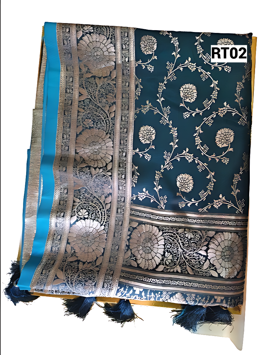 Elegant Teal Saree with Golden Floral Zari Work