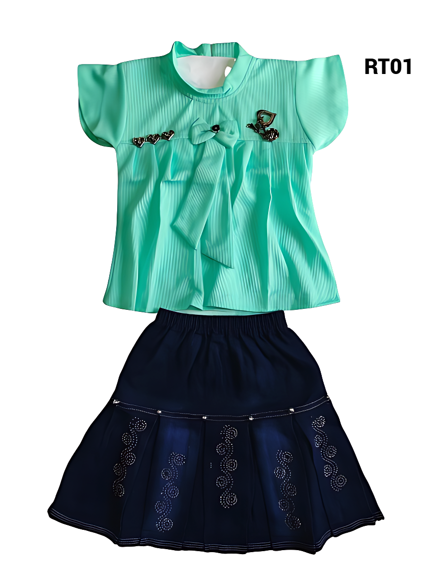 Girls' Top and Denim Skirt Set with Embellishments
