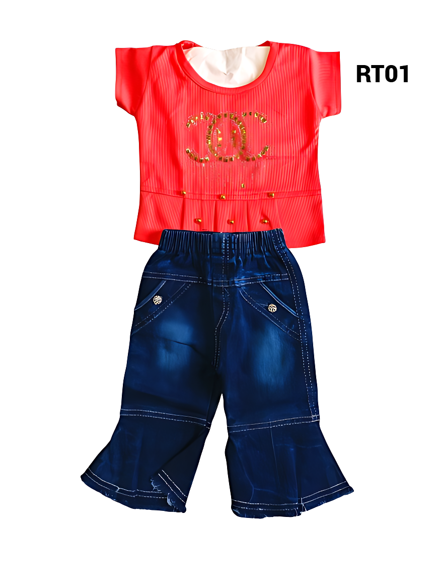 Girls' Turquoise Top and Bell-Bottom Denim Pants Set