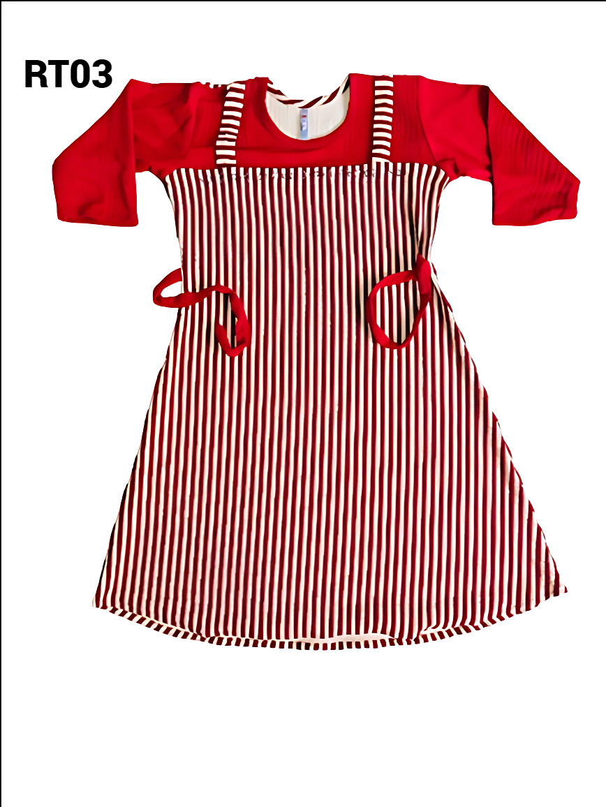 Girls' Striped A-Line Frock Dress with Blue Sleeves