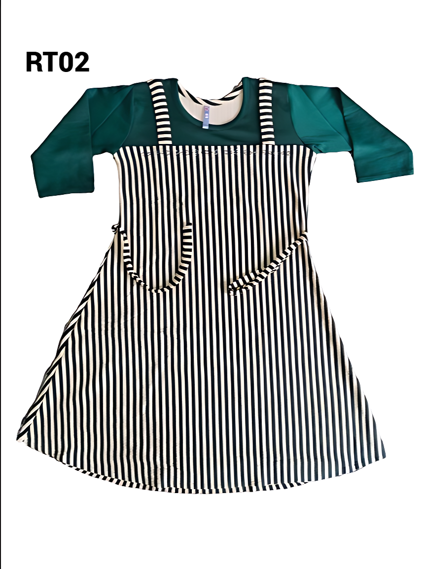 Girls' Striped A-Line Frock Dress with Blue Sleeves