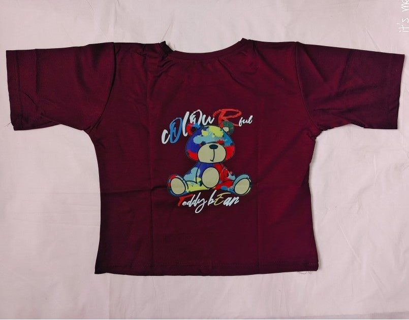 Cotton Printed Crop T-Shirt | Half Sleeve Casual Top with Cute Teddy Print For Womens