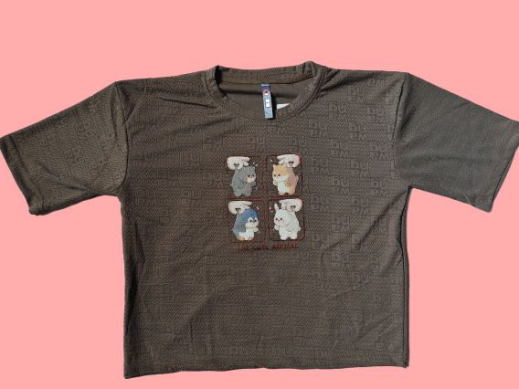 Crop Top Olive Green Cartoon Print T-Shirt | Cute Animal Graphic Round Neck.