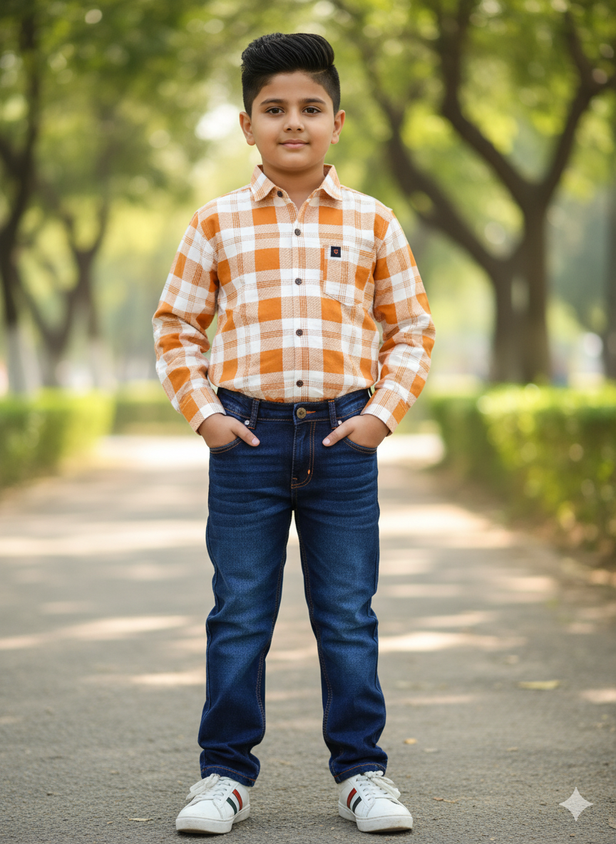 Boys Stylish Blue CHEKS Shirt & Denim Jeans Set